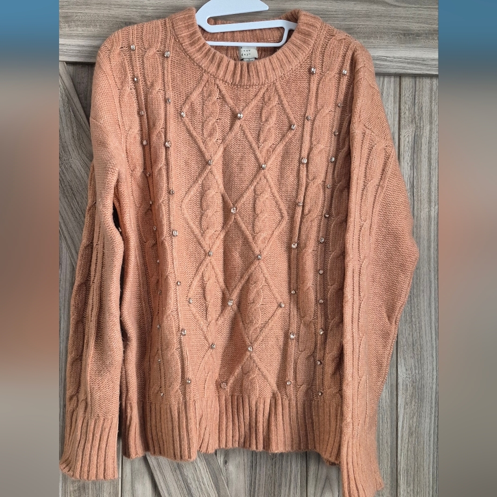 a new day Women's Embellished Cable Knit Sweater With Jewel Embellishments